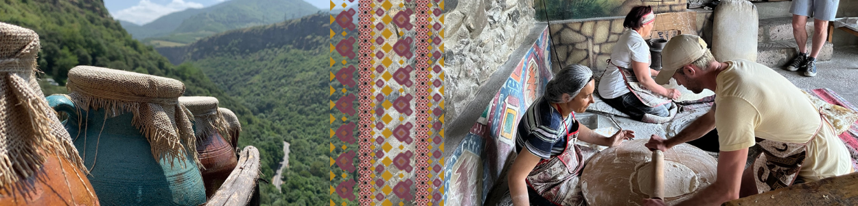 Panoramic view of green mountains, traditional clay vessels, colorful textile patterns, and people participating in a hands-on craft activity.