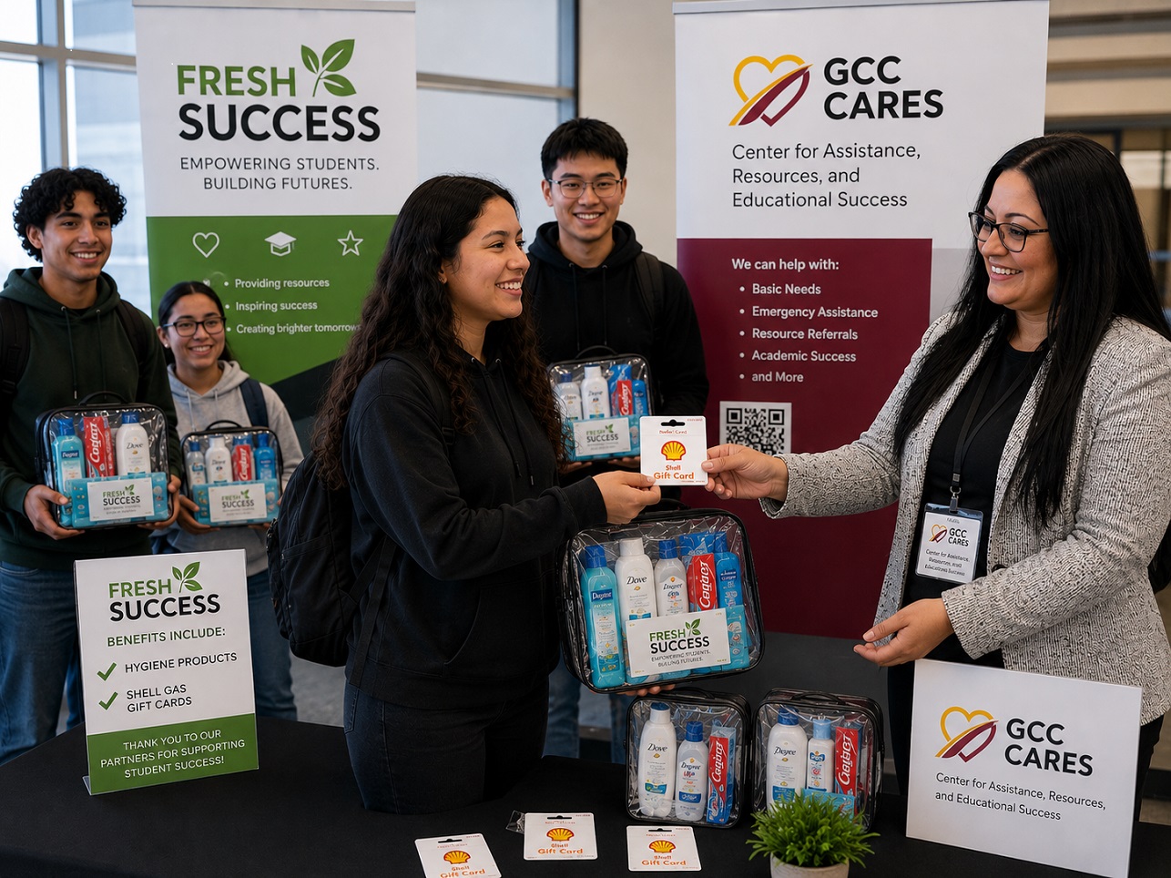 Staff handing out a Gas gift card to the student